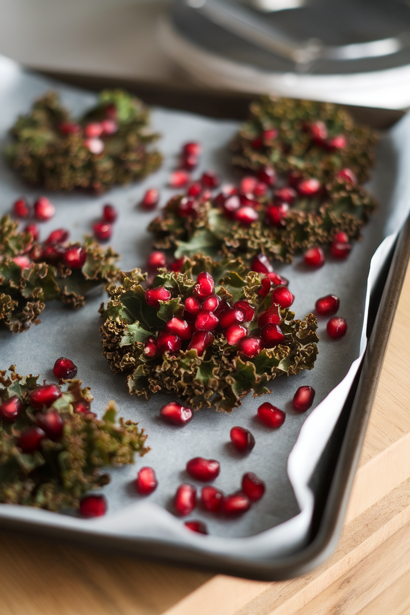 Indoor baking tray with crispy kale chips sprinkled with fresh pomegranate arils. No text or logos.
