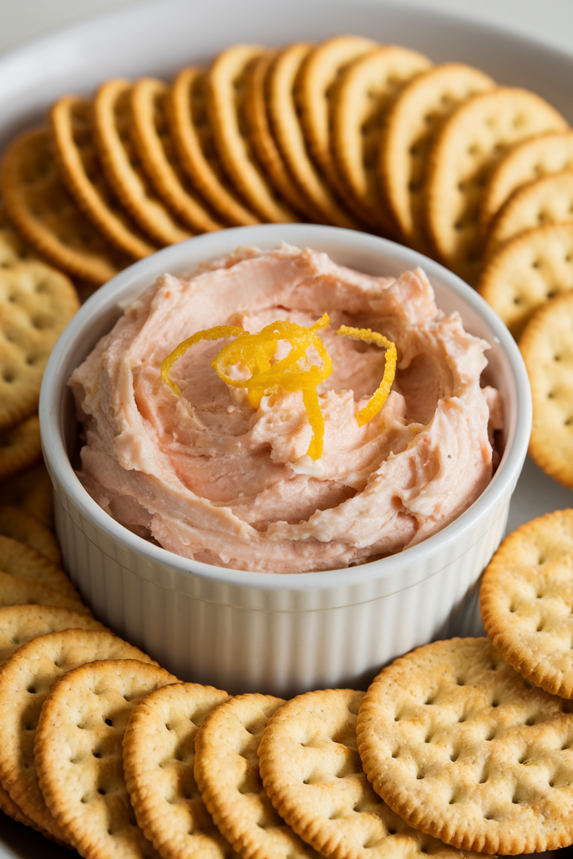 Indoor photo of a ramekin of creamy smoked whitefish spread with lemon zest garnish, crackers neatly fanned nearby. No text or logos.