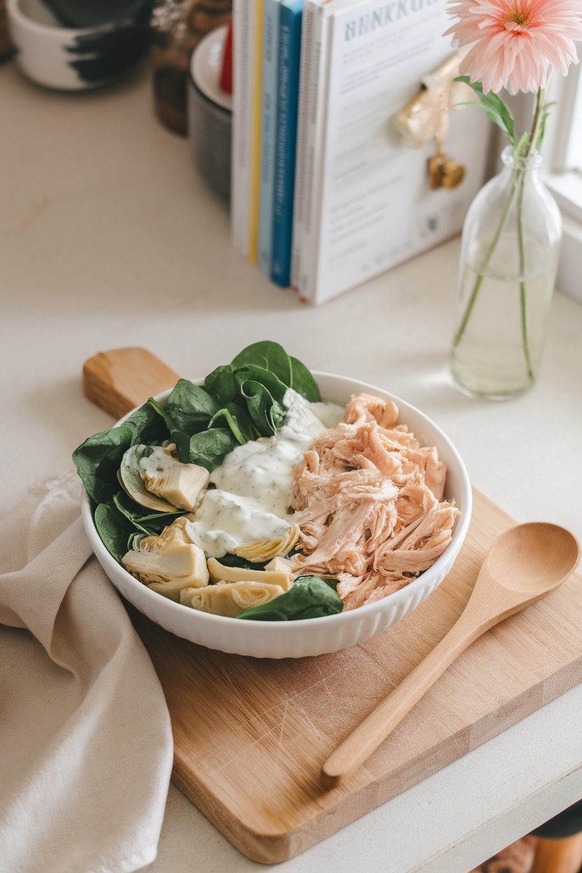 Indoor kitchen table with a bowl of baby spinach, artichoke hearts, shredded chicken, and a light lemon-garlic dressing — no logos