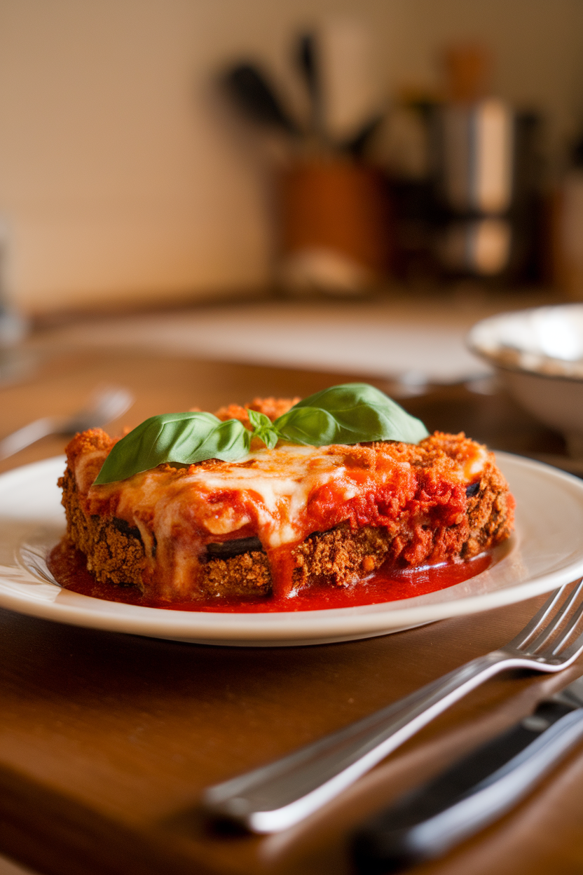 Warm indoor kitchen table with a slice of baked eggplant Parmesan, sauce bubbling around edges, fresh basil on top. No logos or text; photo.