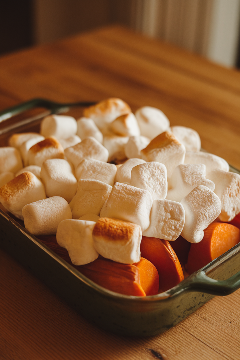 Indoor photo of a baking dish filled with candied yams topped by lightly toasted marshmallows, no text or logos.