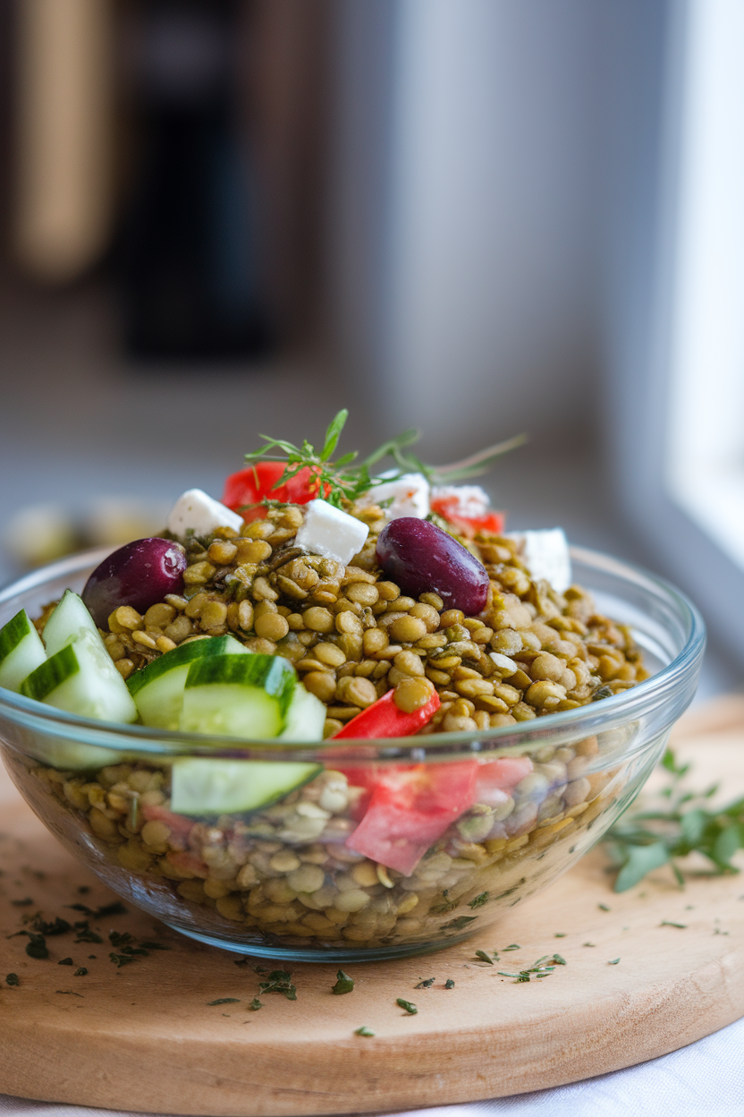 A bowl of green lentil salad with cucumber, tomato, olives, and feta, photographed indoors with natural window light. No text or logos visible.
