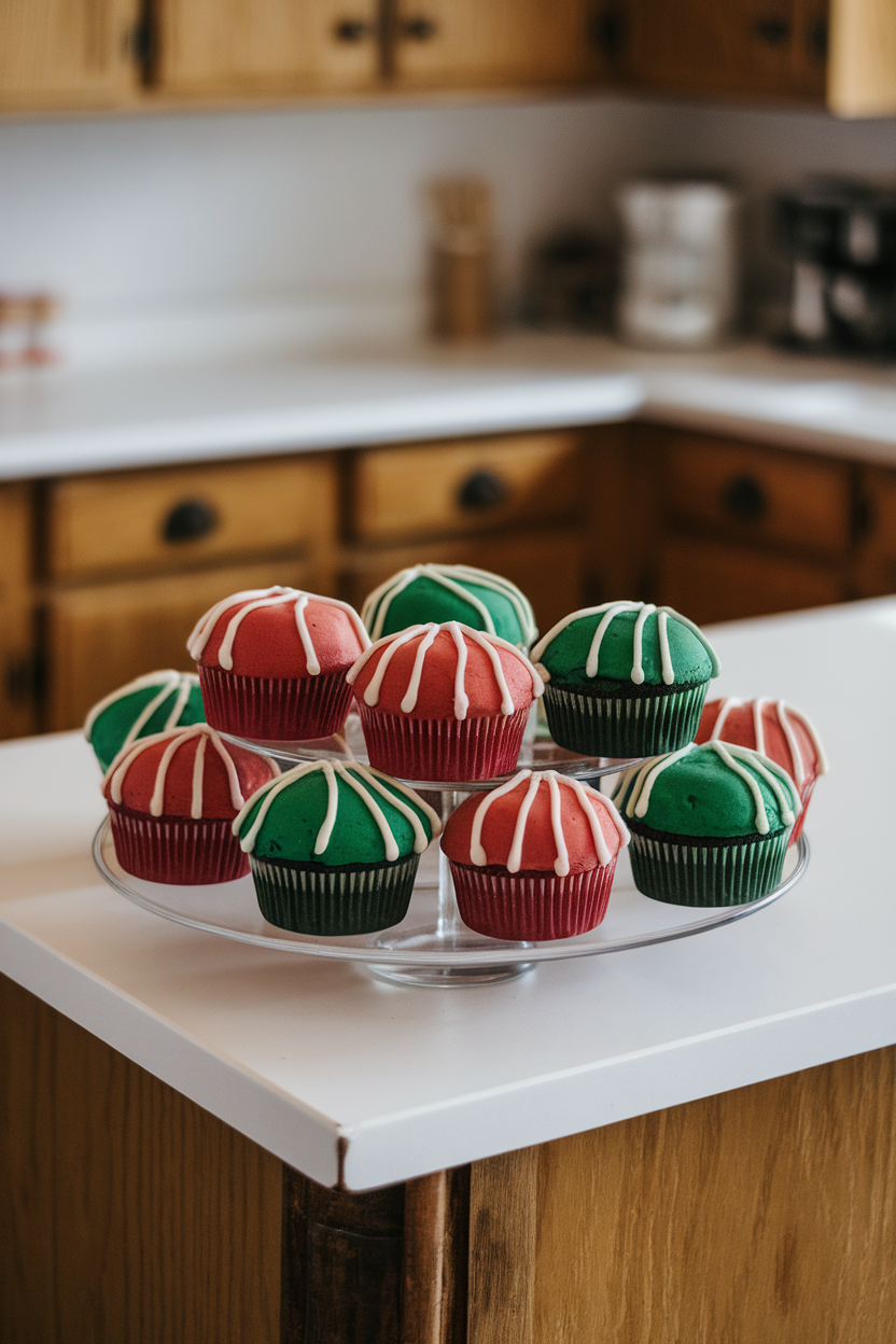 Photo of indoor kitchen island displaying cupcakes iced smooth and decorated with piped white “knit” lines over red and green bases, no text or logos.