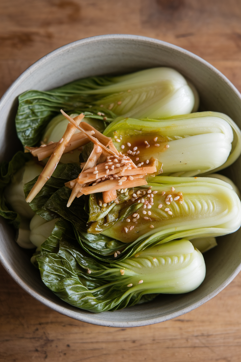 A shallow indoor bowl filled with sautéed baby bok choy glazed in a light ginger-miso sauce. No text or logos. Photo only.