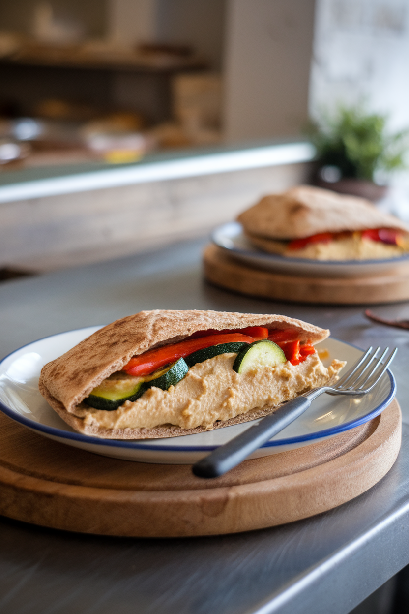 Photo of whole-grain pita halves stuffed with hummus, roasted zucchini, and red peppers, indoor lunch counter. No text or logos.</Prompt