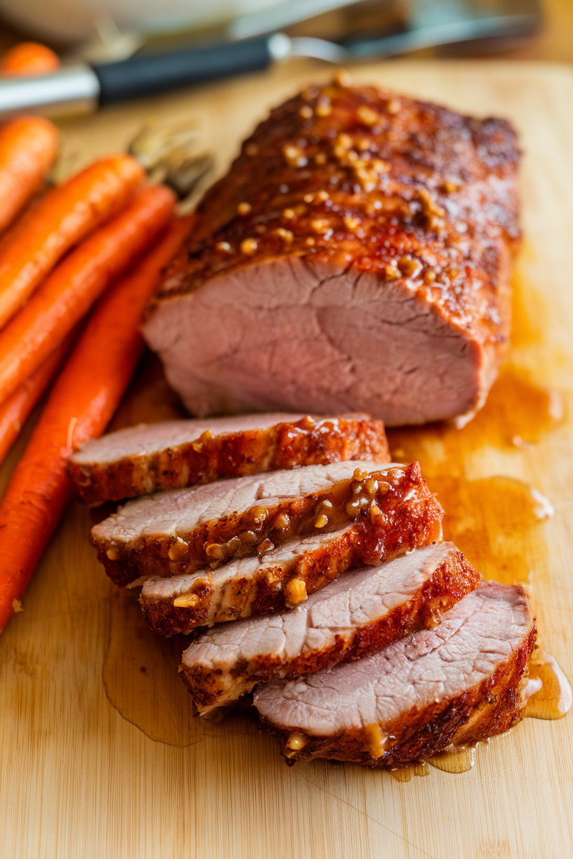 Indoor cutting board with sliced pork tenderloin drizzled in a glossy honey-mustard glaze, roasted carrots alongside. No logos or text.