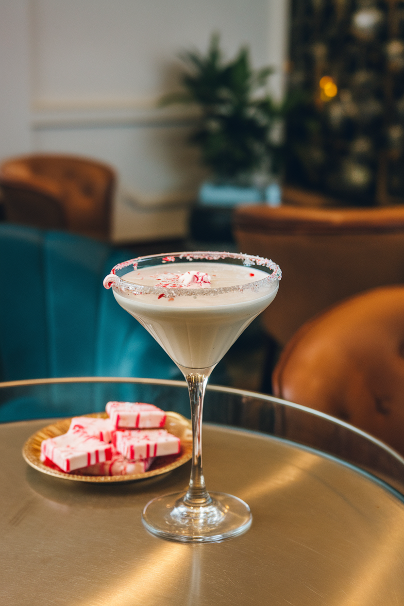 Indoor cocktail lounge setting featuring a martini glass rimmed with crushed candy canes and filled with a creamy white cocktail; a small plate of peppermint bark nearby. No text or logos; photograph, not illustration.