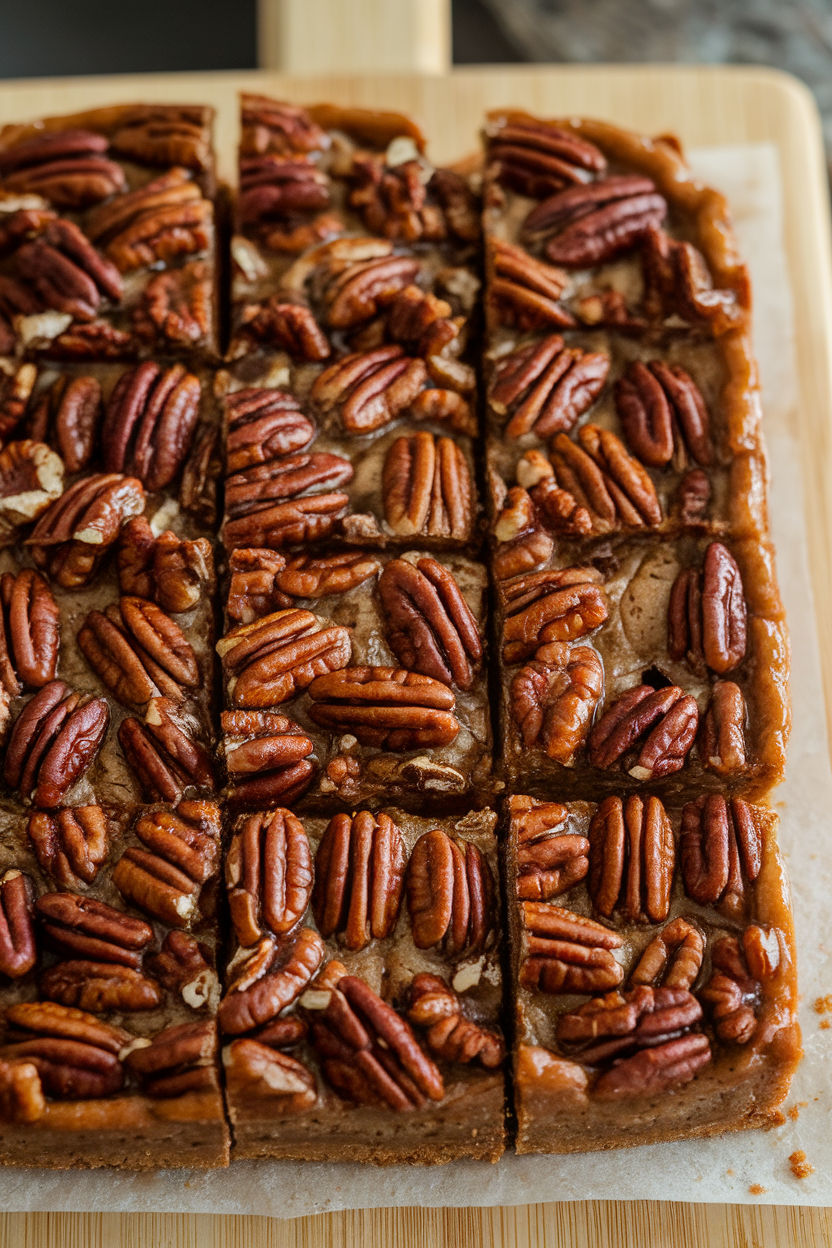 Indoor wooden board with neatly cut pecan pie bars, glossy nut topping catching light. No text or logos. Photo only.