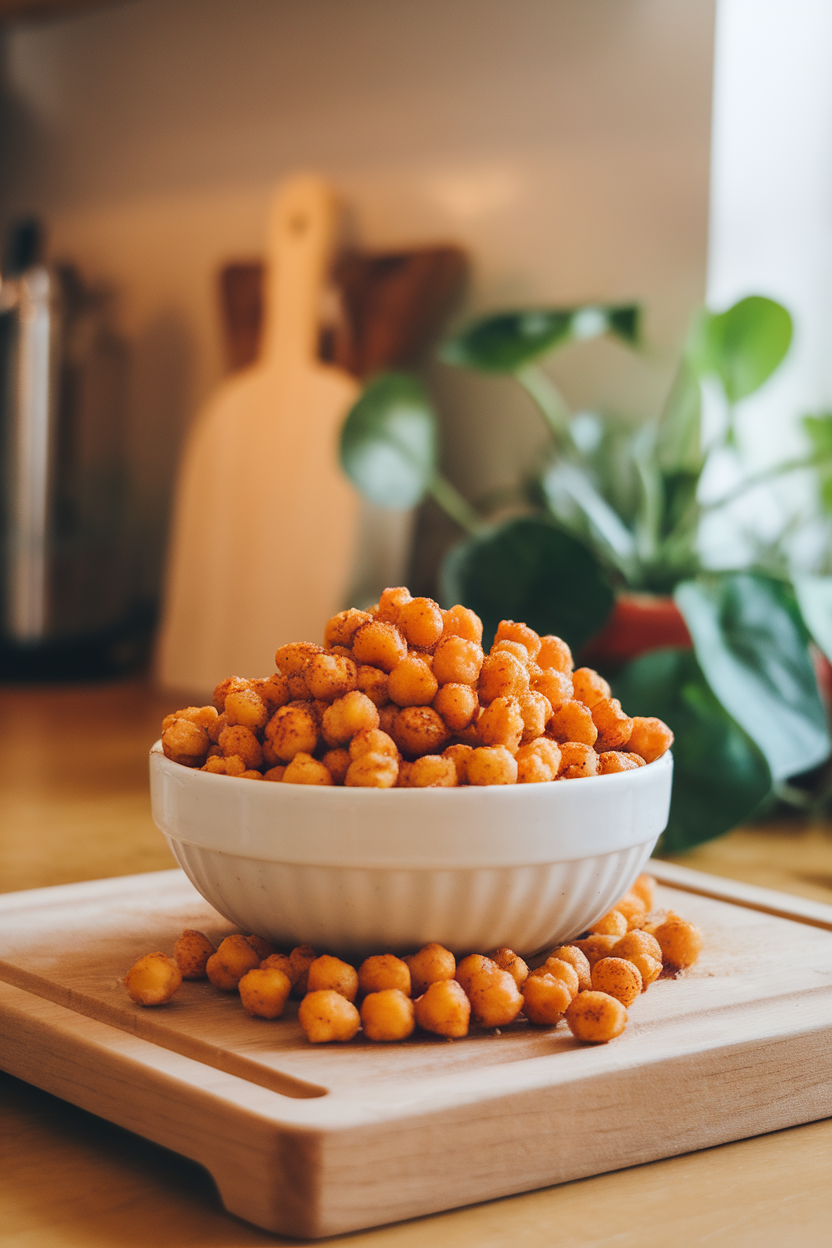 A warmly lit indoor kitchen counter featuring a white bowl overflowing with golden, crunchy air-fried chickpeas seasoned with paprika and sea salt—photo, no text or logos.