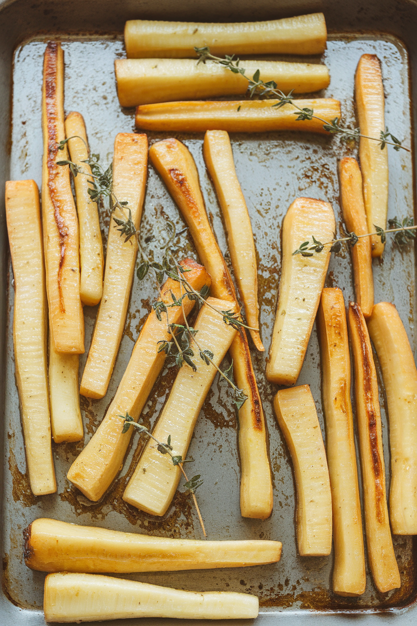 An indoor baking tray with roasted parsnip batons glistening in coconut oil, edges caramelized, and thyme sprigs scattered. No logos or text. Photo only.
