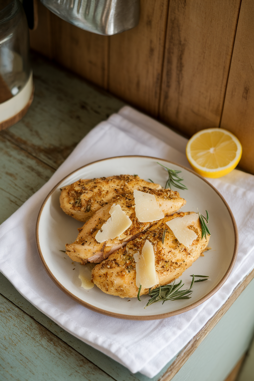Rustic indoor table featuring air-fried chicken breast sprinkled with dried Italian herbs and shaved Parmesan, photographed from a slight overhead angle. No text or logos.