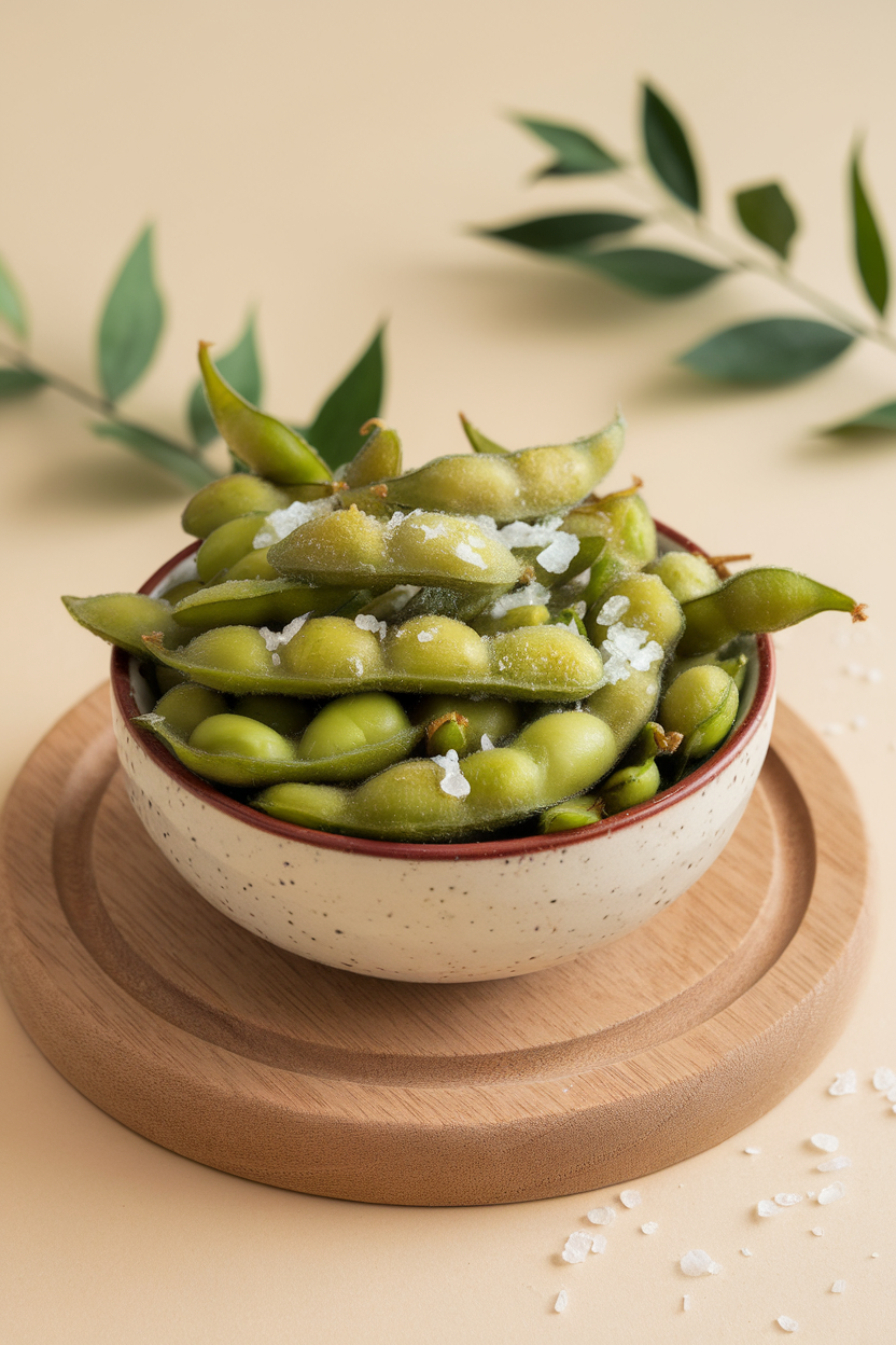 An indoor bowl filled with steaming cooked edamame pods sprinkled with flaky sea salt; simple background, no text or logos, photo not illustration.