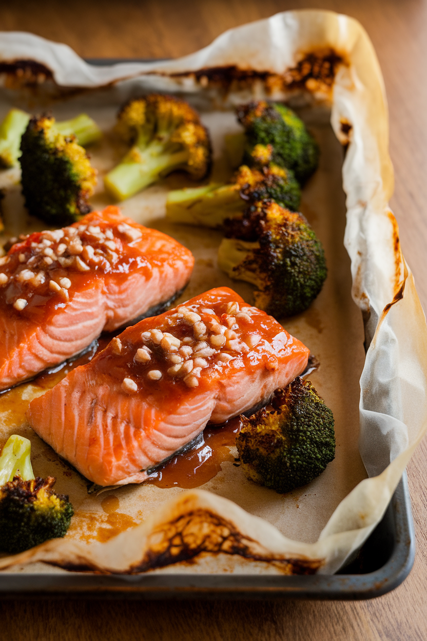 An indoor dinner scene featuring a parchment-lined baking tray of cooked salmon glazed with teriyaki sauce, roasted broccoli florets alongside. No text or logos in view.