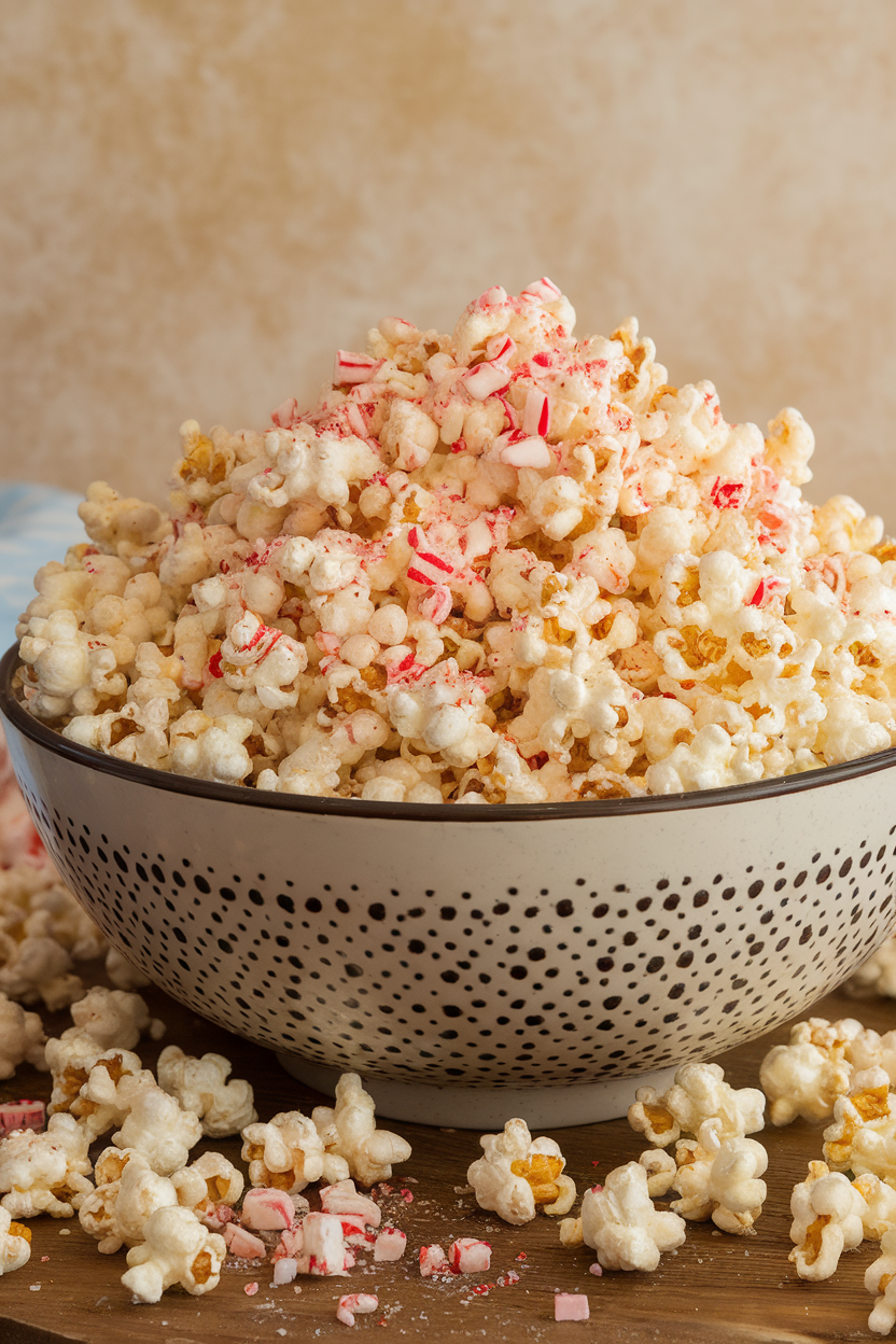 Indoor bowl overflowing with white chocolate-coated popcorn sprinkled with crushed peppermint candies; no text or logos. Photo, not illustration.