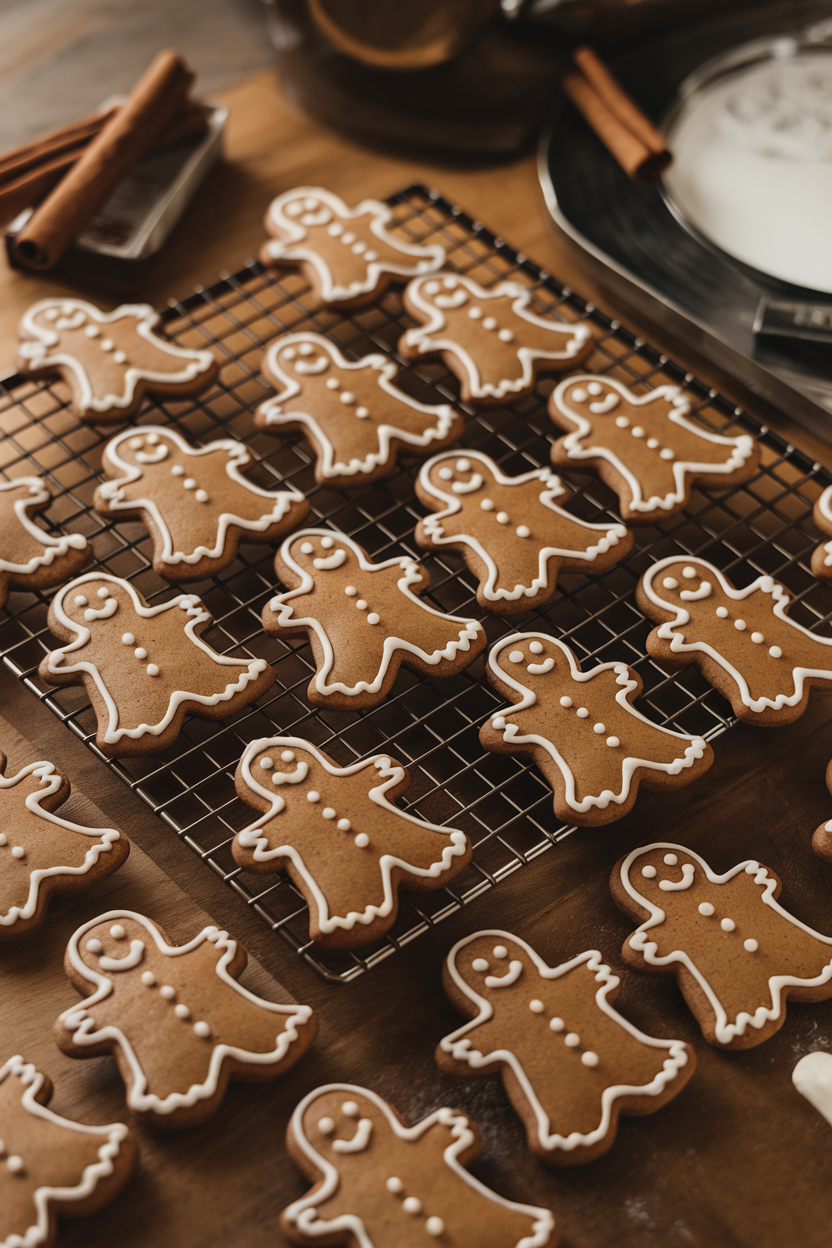 An indoor scene with a cooling rack full of gingerbread men, each outlined in simple white icing, cinnamon sticks nearby. Cozy evening lighting, no text or logos.</Prompt