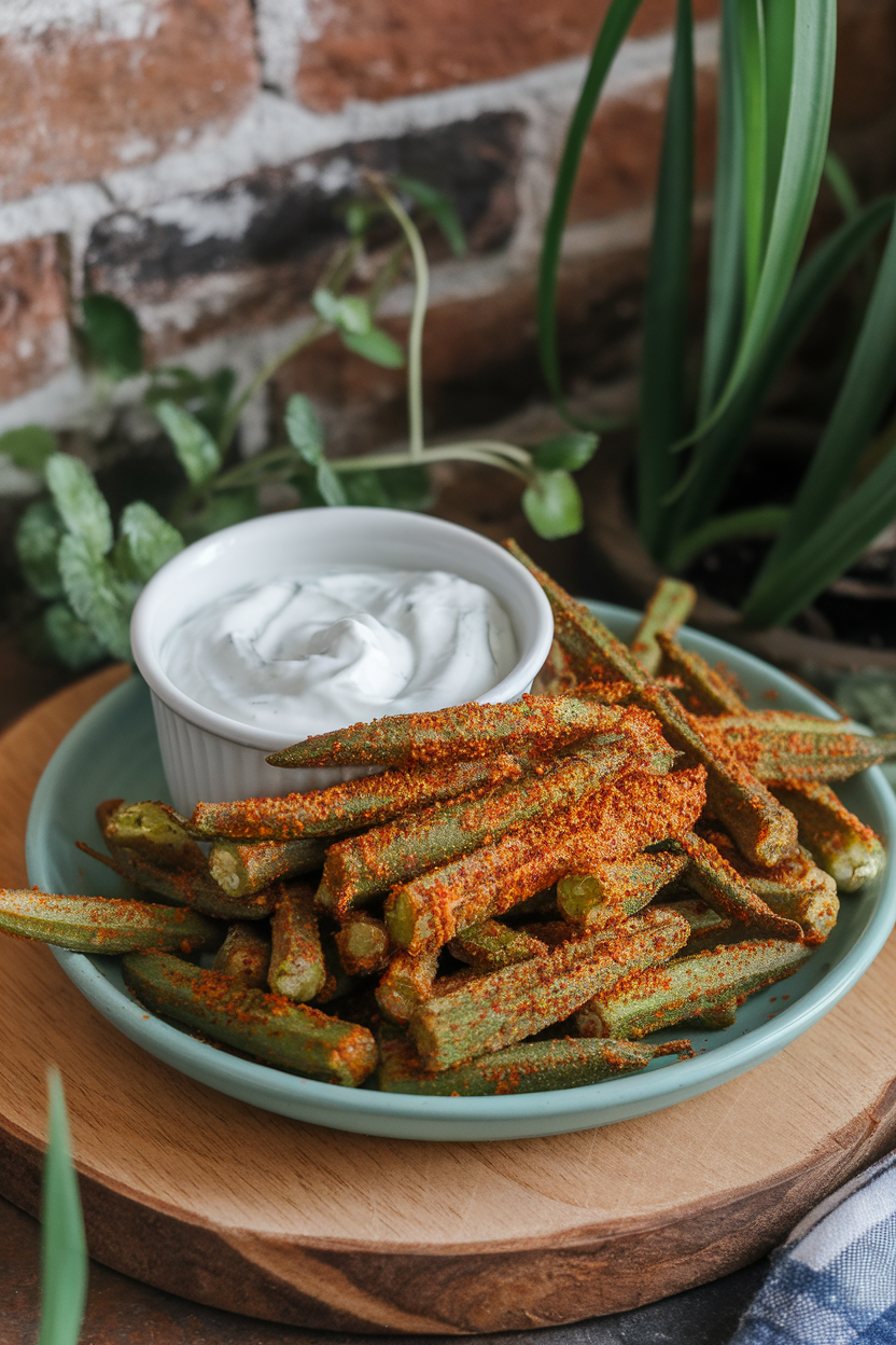 Indoor plate of slender okra fries coated in Cajun seasoning, served with yogurt dip—photo, no text or logos.