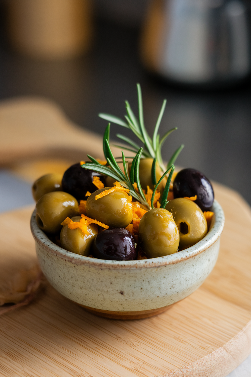 Indoor photo of a small ceramic bowl filled with green and black olives marinated with orange zest, rosemary, and garlic cloves. No text or logos visible.