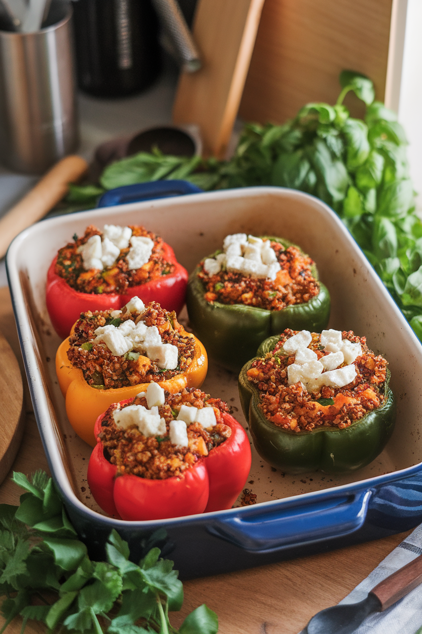 Photo of a ceramic baking dish on an indoor table holding four cooked bell peppers stuffed with colorful quinoa and vegetable filling, melted feta crumbles on top, no text or logos