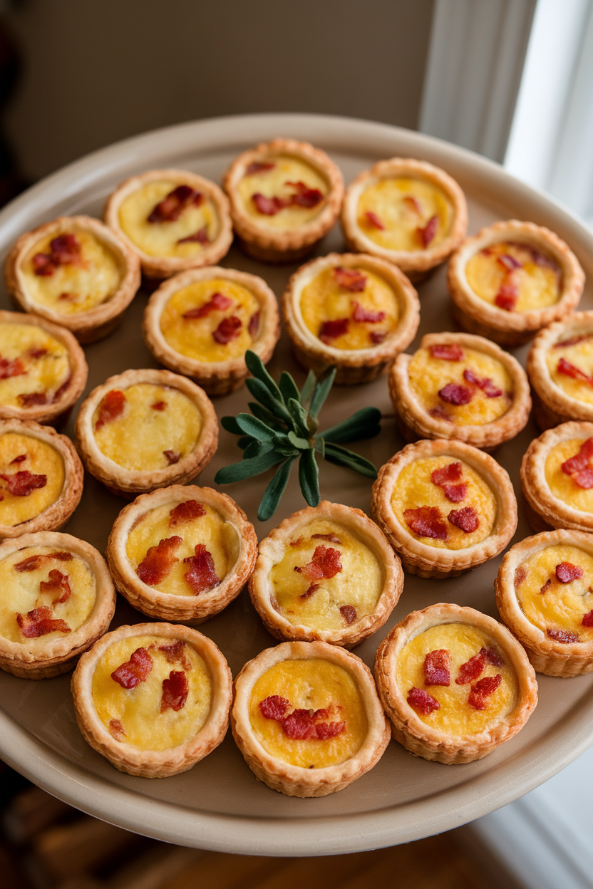 A platter indoors holding bite-sized quiches with golden pastry and visible bacon bits, photographed at a slight angle, no text or logos.