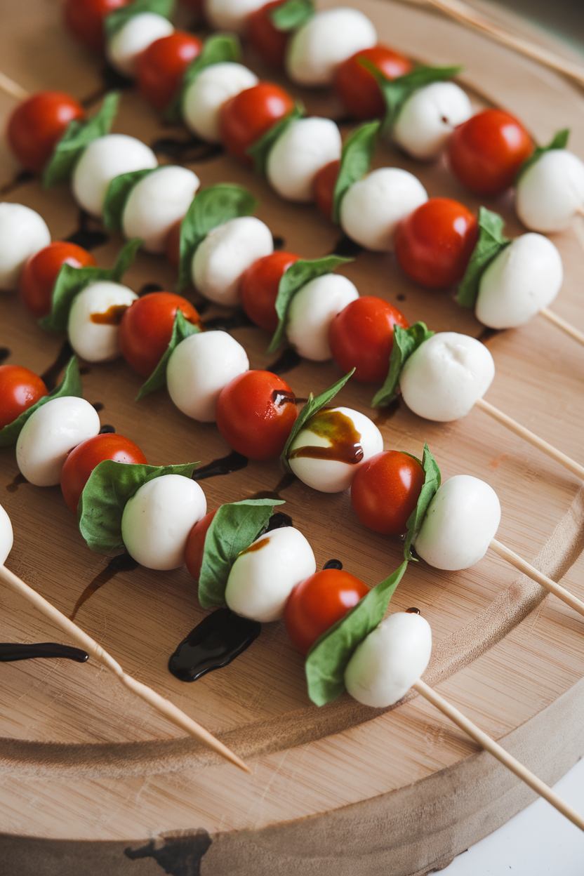 Indoor photo showing a wooden board lined with short skewers threaded with cherry tomatoes, mini mozzarella balls, and basil leaves, lightly glossed with balsamic glaze. No text or logos present.