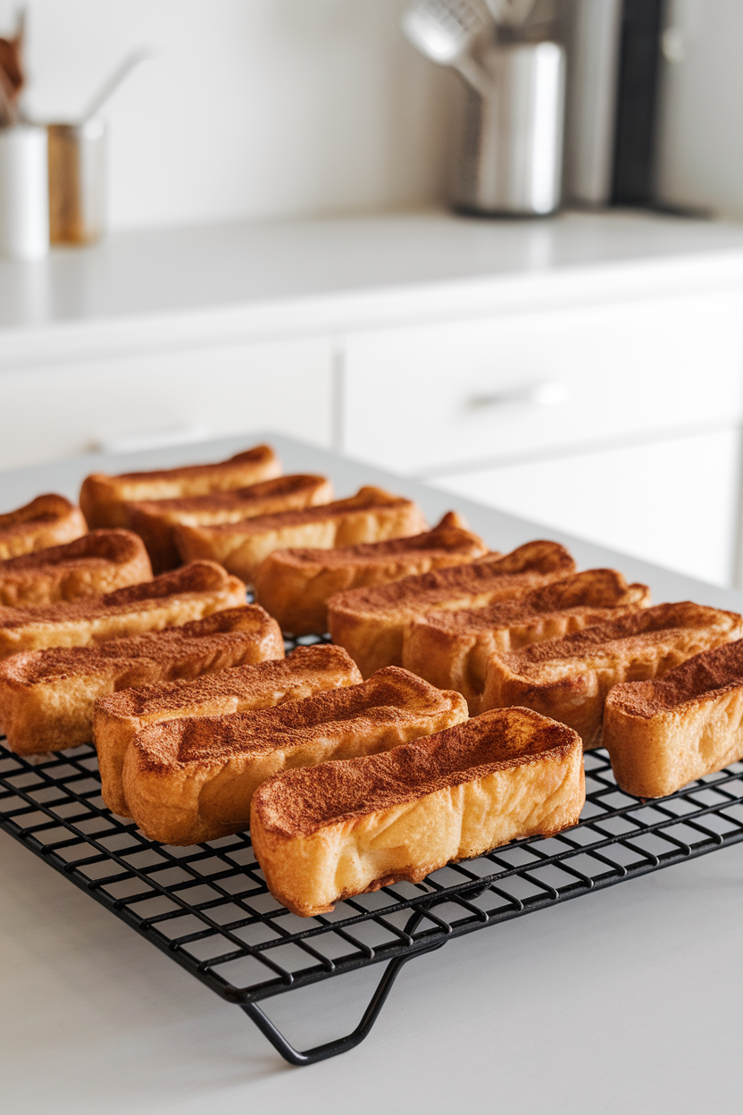 A baking rack on an indoor counter with rows of cinnamon-dusted baked French toast sticks, edges crisp. No text or logos.