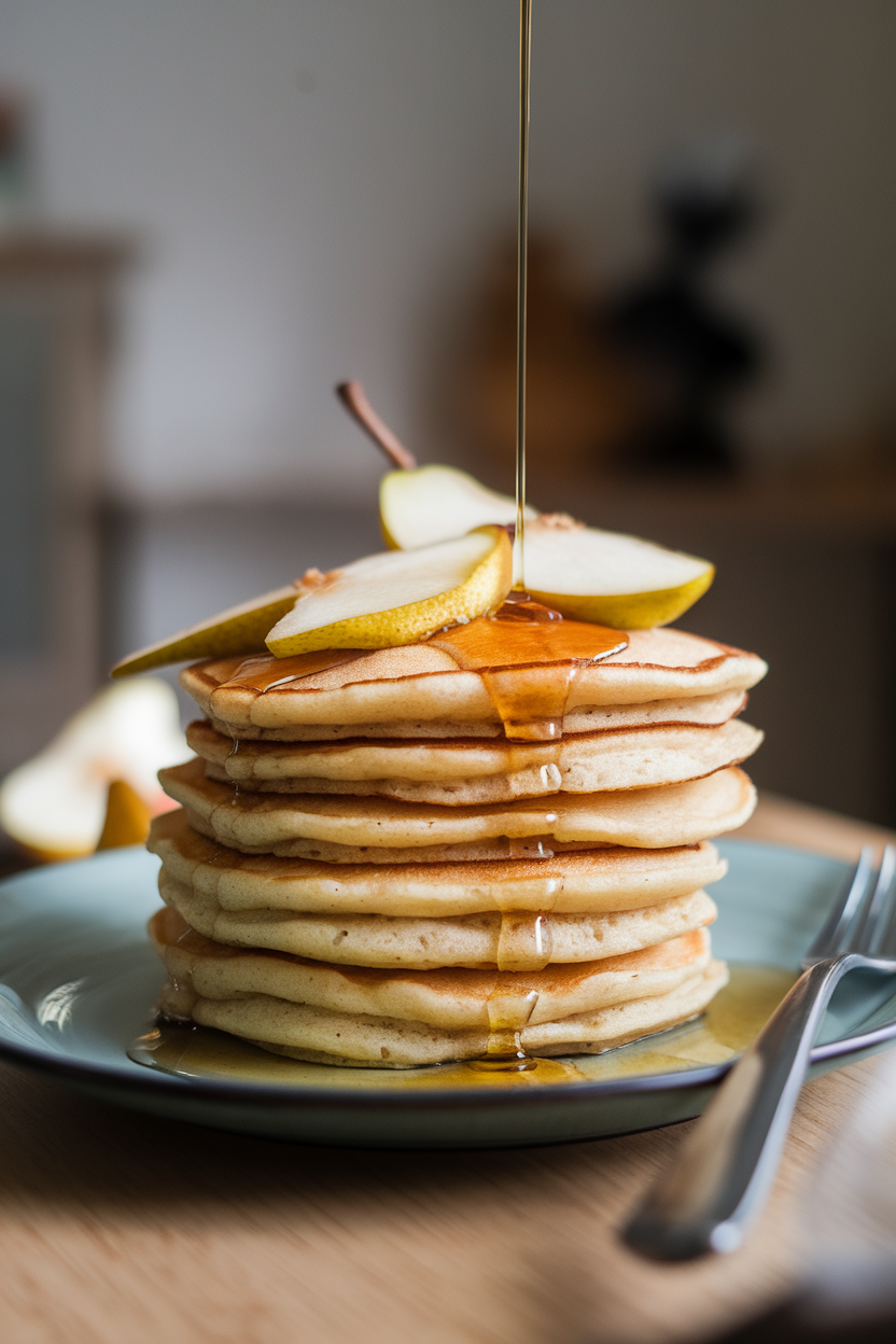 Stack of fluffy pear pancakes on an indoor plate, topped with caramelized pear slices and a drizzle of warm syrup. Soft morning light, no text or logos.
