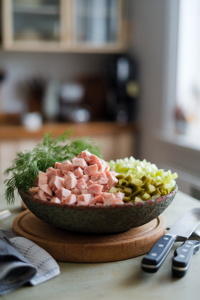 Indoor kitchen table with a rustic bowl of diced chicken, chopped dill pickles, celery, and fresh dill fronds — no logos