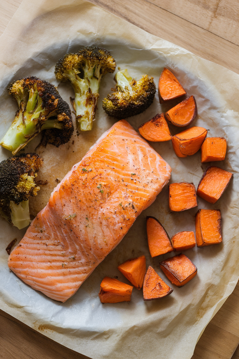 Indoor photo of flaky baked salmon fillet alongside roasted sweet potato cubes and broccoli florets on parchment. Slight overhead shot, no raw fish visible, no text or logos.