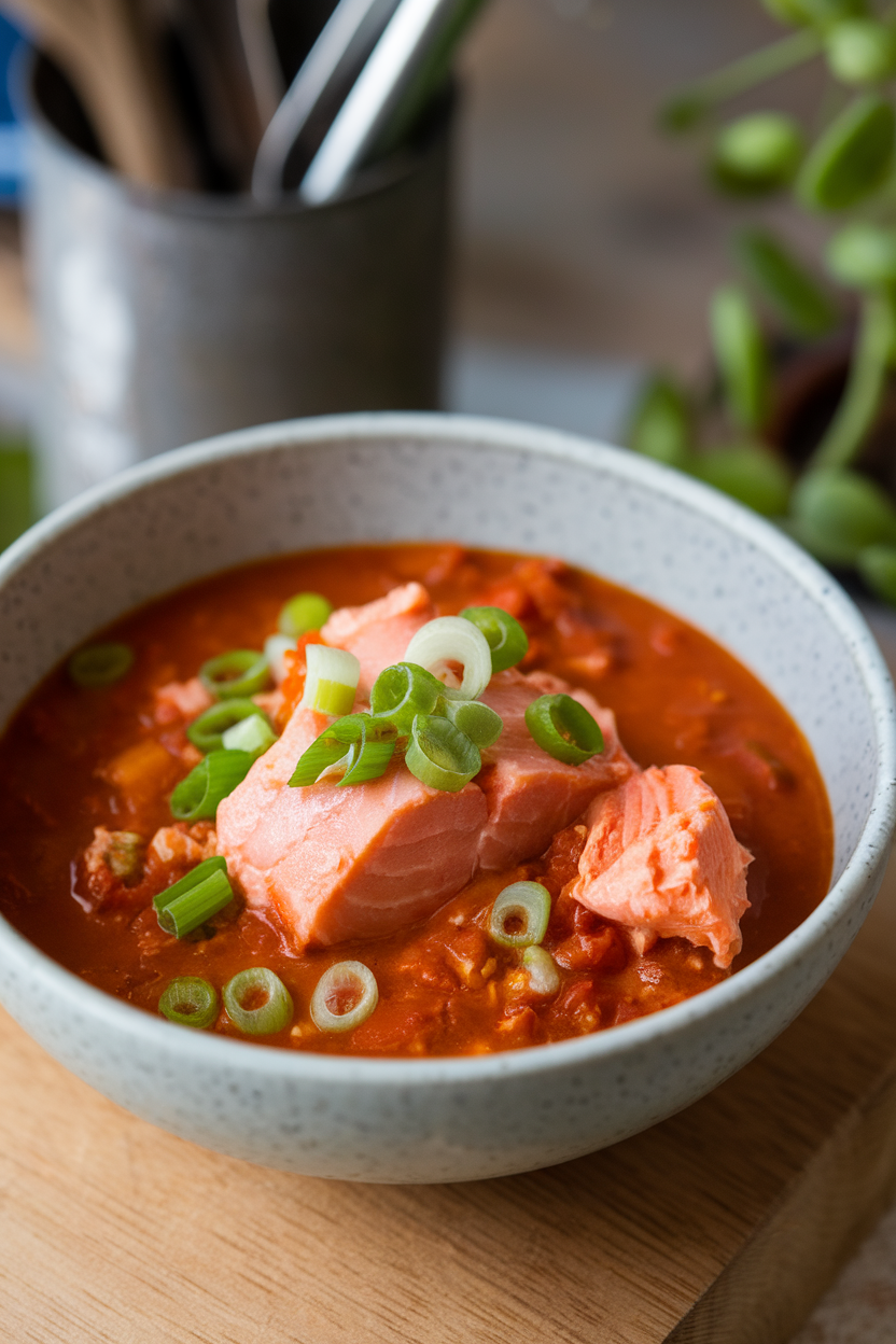 Indoor photo of chili featuring chunks of cooked salmon in tomato-ginger broth, scallions sprinkled; no text or logos.