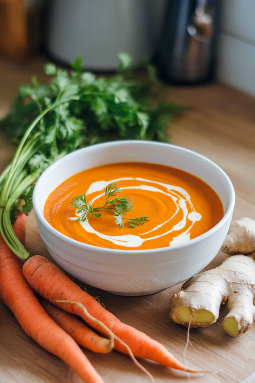Indoor photo of a bowl of vibrant orange carrot-ginger soup with a swirl of yogurt on top, no text or logos