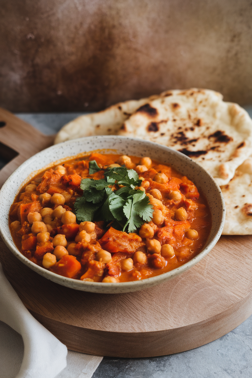 Indoor photo of spiced chickpea and carrot stew in a shallow bowl, sprinkled with chopped cilantro. No text or logos.