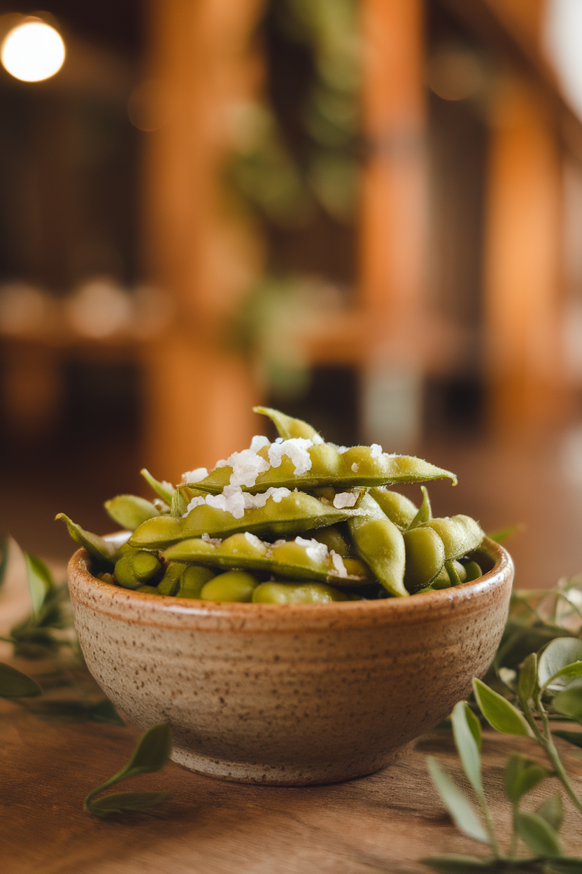 Photo of an indoor ceramic bowl filled with steamed edamame pods sprinkled with flaky sea salt; warm ambient light, no text or logos