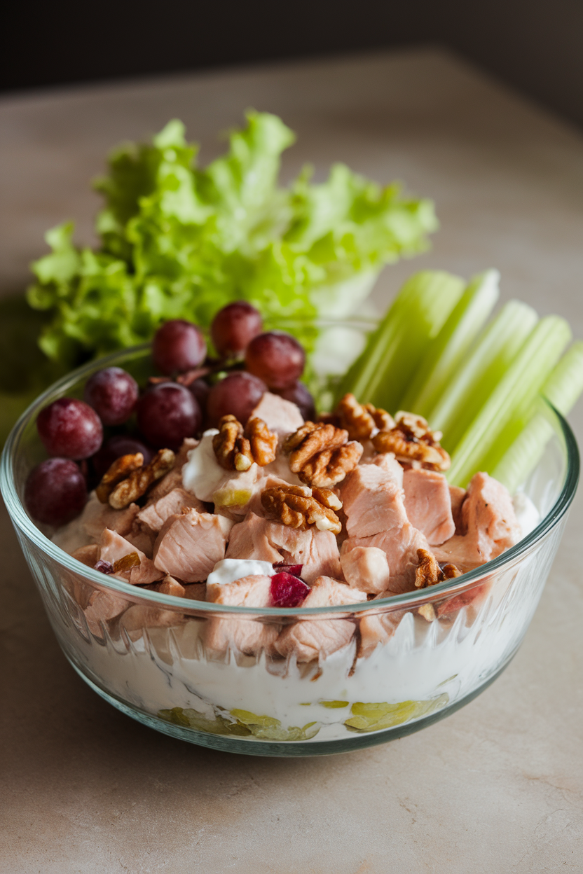 Indoor photo of diced chicken breast, grapes, walnuts, and celery bound with Greek yogurt in a glass bowl, lettuce leaves in the background. Neutral tabletop, no text or logos.