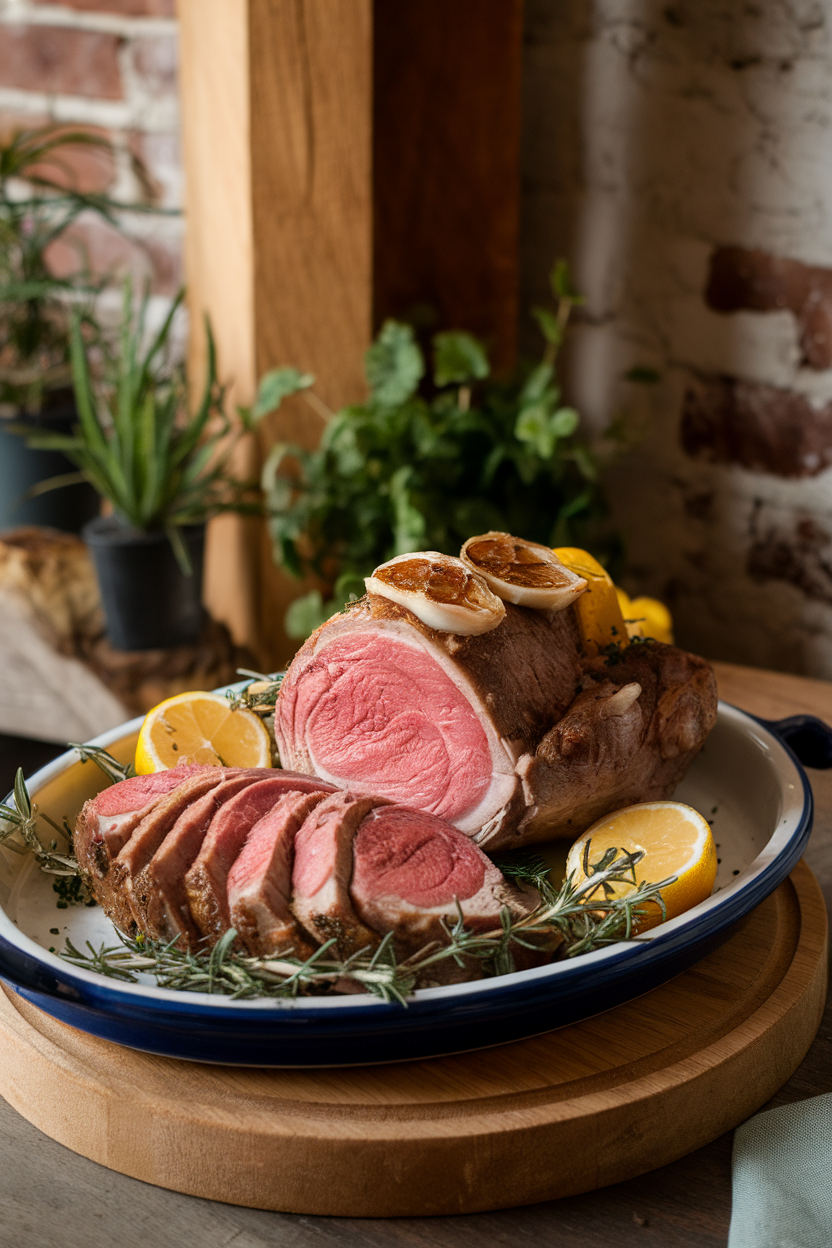 A carved leg of lamb on a ceramic platter, rosy slices fanned out and topped with roasted garlic cloves and lemon halves, softly lit indoors. No text or logos. Photo, not illustration.