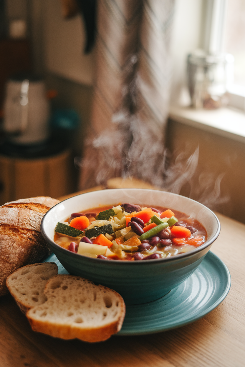 A steaming bowl of vegetable minestrone on a wooden kitchen table indoors; no text or logos; photo