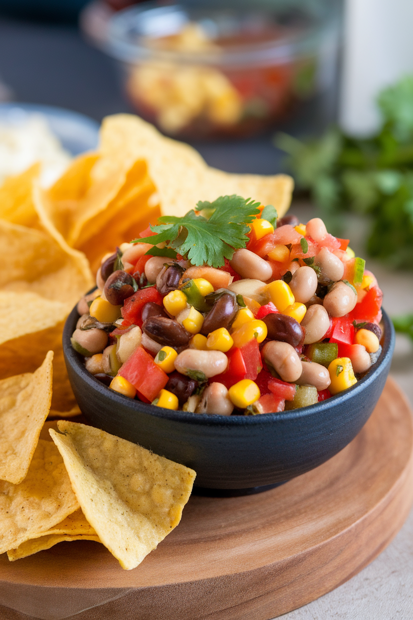 Indoor bowl of colorful salsa featuring black-eyed peas, diced tomatoes, corn, bell peppers, and cilantro, next to a pile of tortilla chips; no logos or text