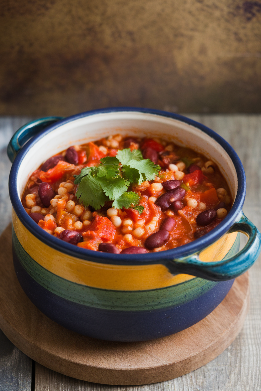An indoor kitchen counter with a ceramic pot of chunky chili filled with red beans, pearl barley, tomatoes, and bell peppers, topped with cilantro. No logos or text visible.