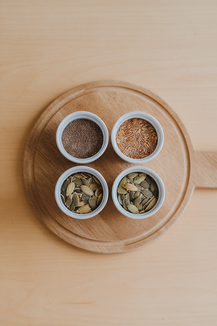 Overhead shot of chia, flax, sunflower, and pumpkin seeds in small ramekins on a wooden kitchen board, indoors. No text or logos. Photo, not illustration.