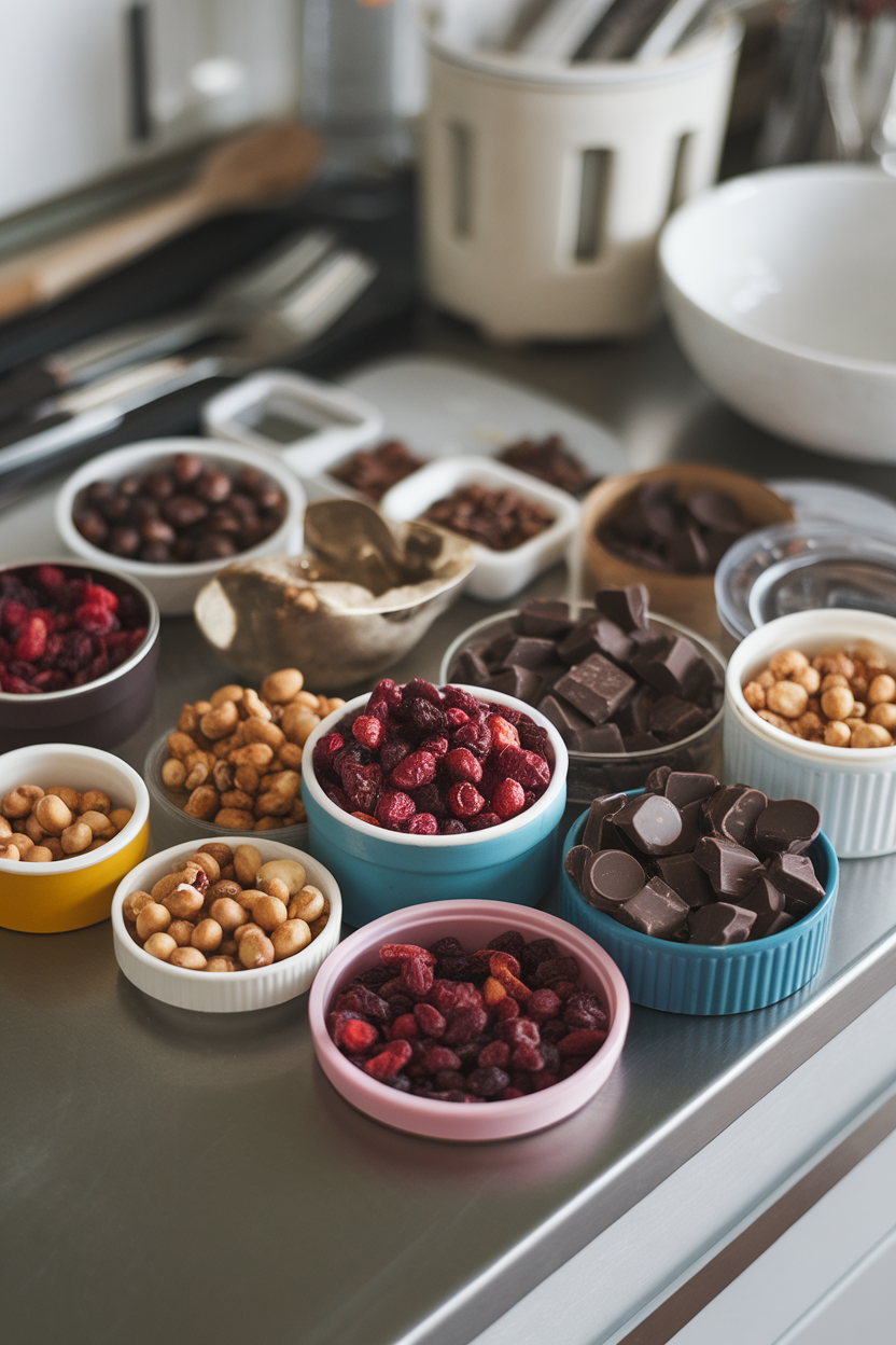 An indoor countertop scattered with individual containers of mixed nuts, dried cranberries, and dark chocolate chunks. No text or logos anywhere.