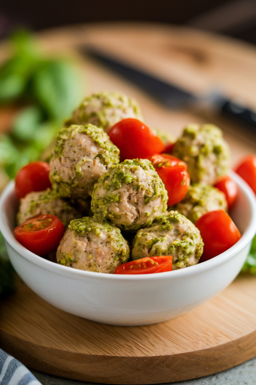Indoor bowl of bite-size chicken meatballs coated in green pesto, garnished with cherry tomato halves. No text or logos. Photo, not illustration.