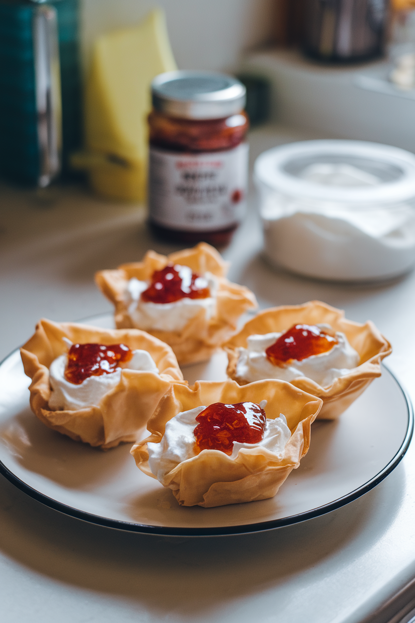 An indoor countertop with crisp phyllo shells filled with whipped cream cheese and glistening red pepper jelly, no text or logos.