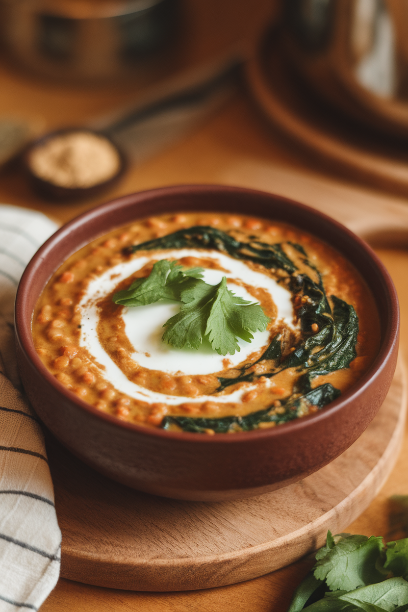An indoor photo of a bowl of creamy red lentil dhal with wilted spinach, topped with a swirl of coconut milk and cilantro. No text or logos.