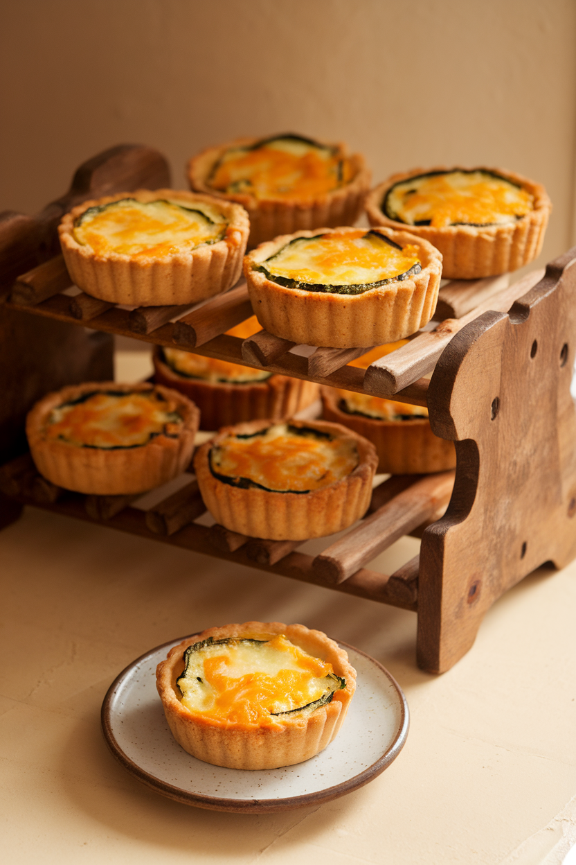 An indoor kitchen rack with mini quiches studded with zucchini and melted cheddar, one quiche on a small plate in front. Photo, no text or logos.