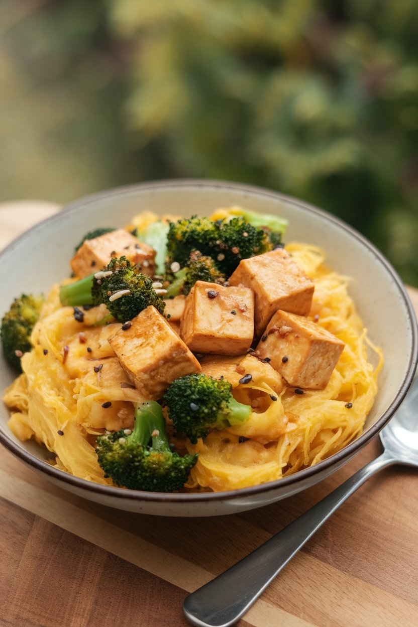 An indoor bowl with strands of cooked spaghetti squash stir-fried with tofu, Chinese broccoli, and soy sauce. No text or logos; photo only.