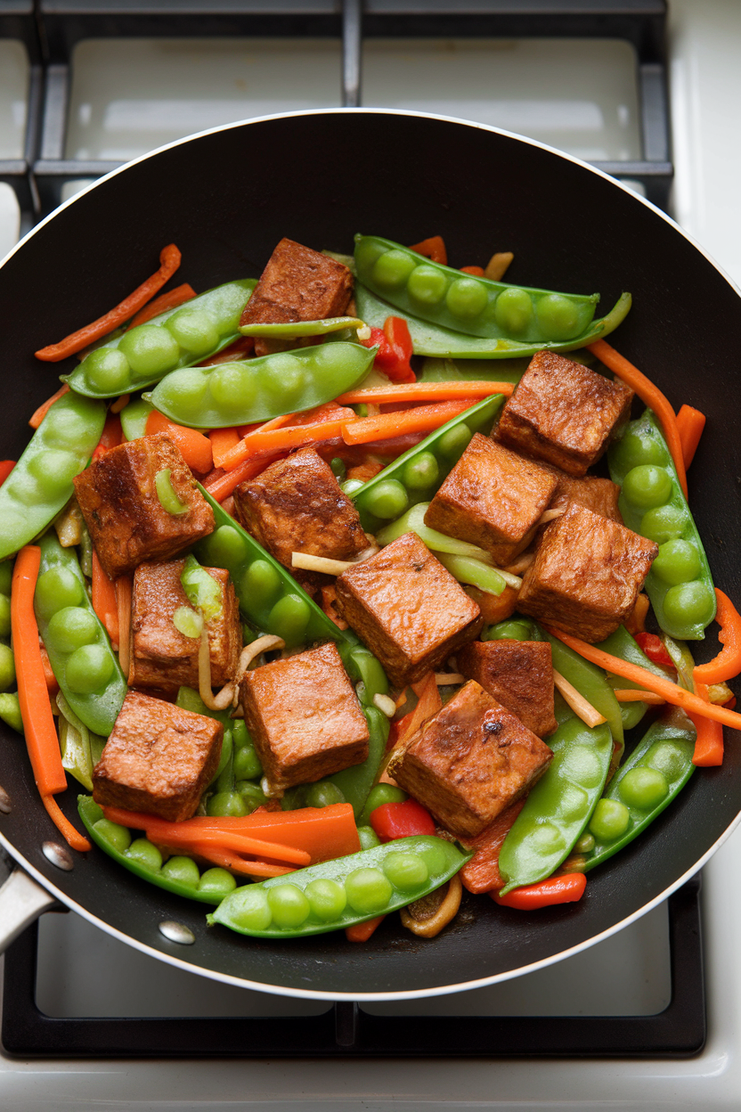 Indoor wok scene showing cubes of browned tempeh tossed with snap peas, carrots, and bell peppers in a light soy-ginger glaze. No text or logos visible.