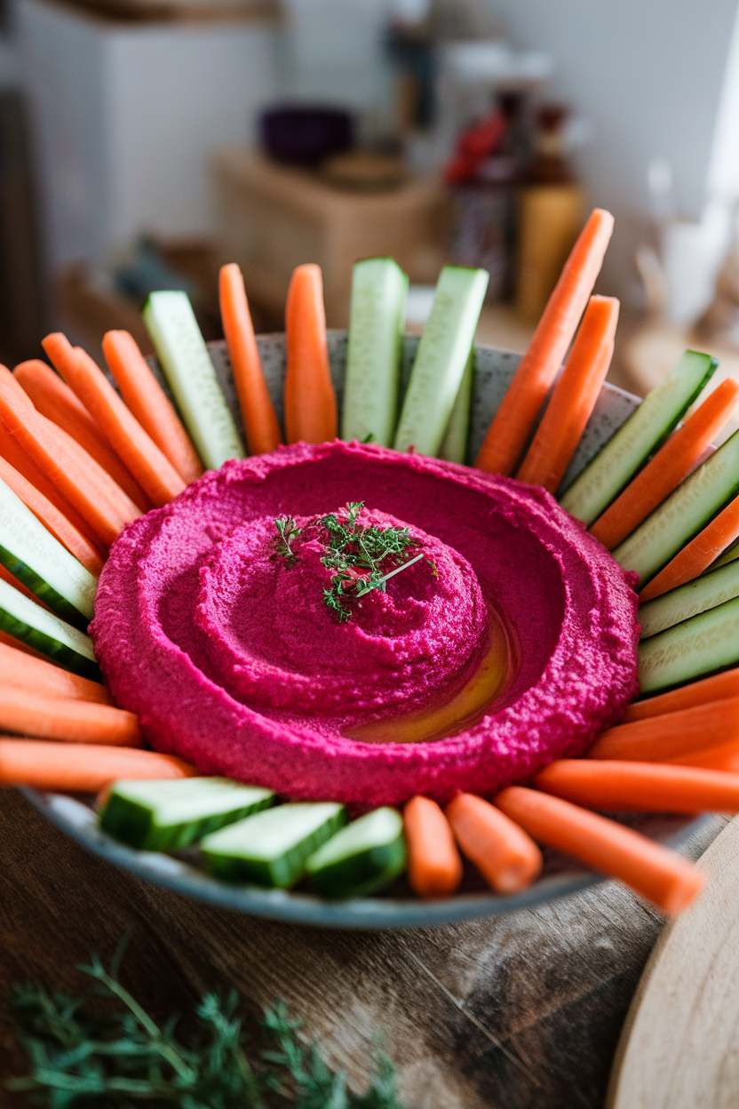 A shallow bowl indoors of vivid pink beet hummus surrounded by carrot and cucumber sticks. Photo, no text or logos.