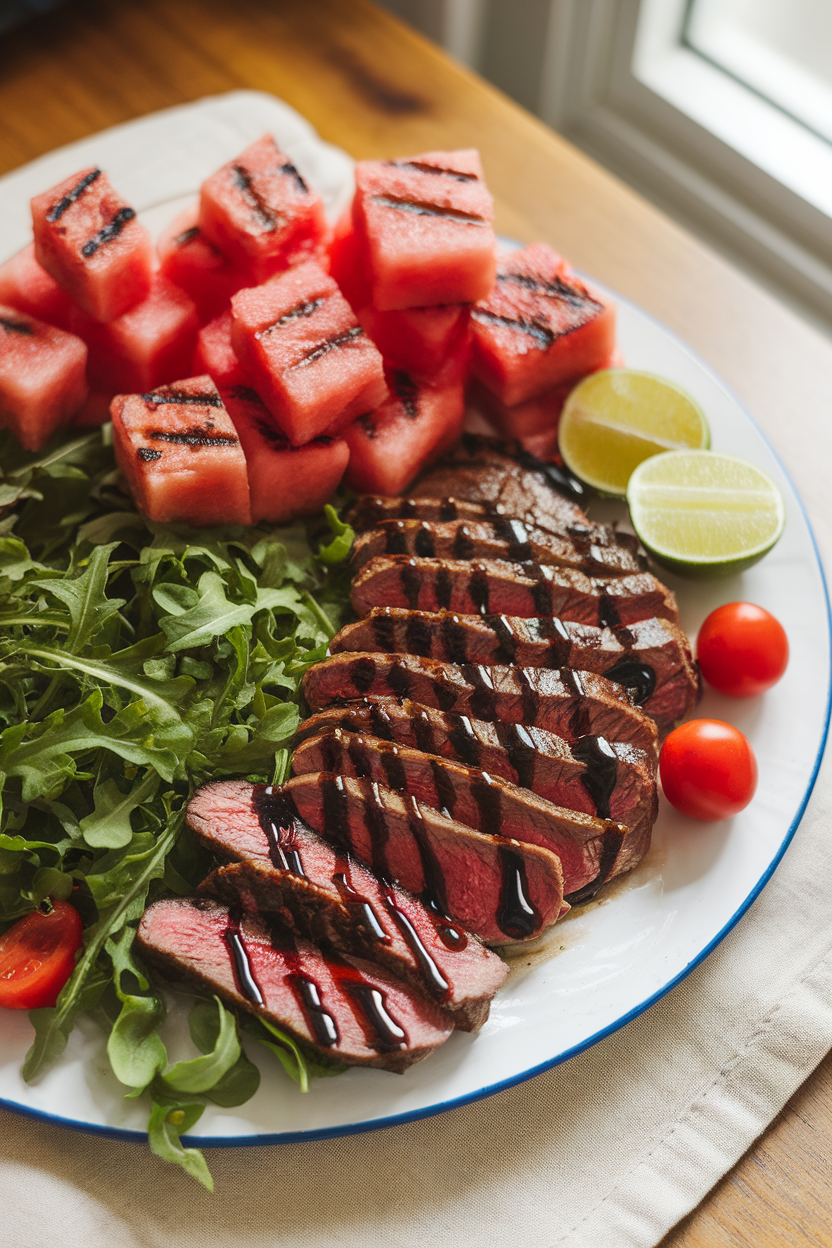 Indoor serving platter showcasing cubes of grilled watermelon, arugula, and sliced steak drizzled with balsamic. No text or logos; photo.