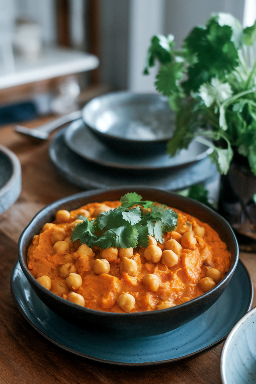 Photo of an indoor dining table set with a deep bowl of orange-hued sweet potato curry dotted with chickpeas, cilantro sprinkled on top. No text or logos.</Prompt