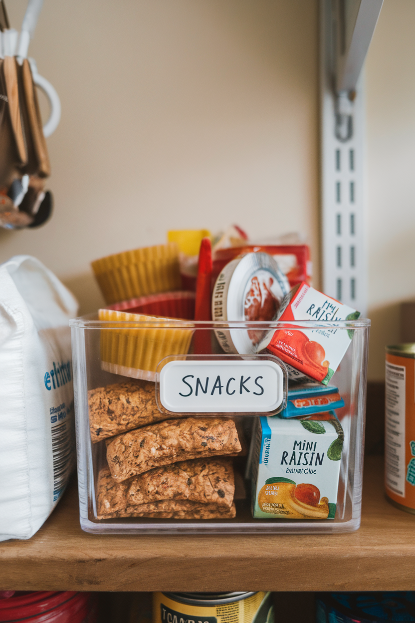 Indoor photo of a clear pantry bin labeled “snacks” holding whole-grain crackers, applesauce cups, and mini raisin boxes, no text or logos