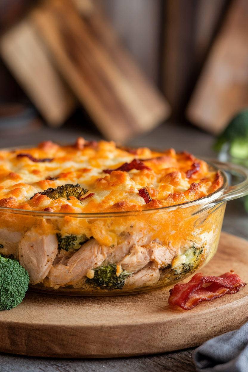 An indoor casserole dish bubbling with cheesy chicken, bacon pieces, and broccoli, golden crust on top. No text or logos. Photo only.